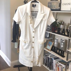 Ivory blazer dress with gold buttons and accents